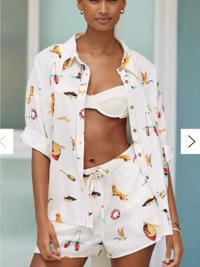Anthropologie White Linen Printed Button-Up Shirt & Shorts Set
